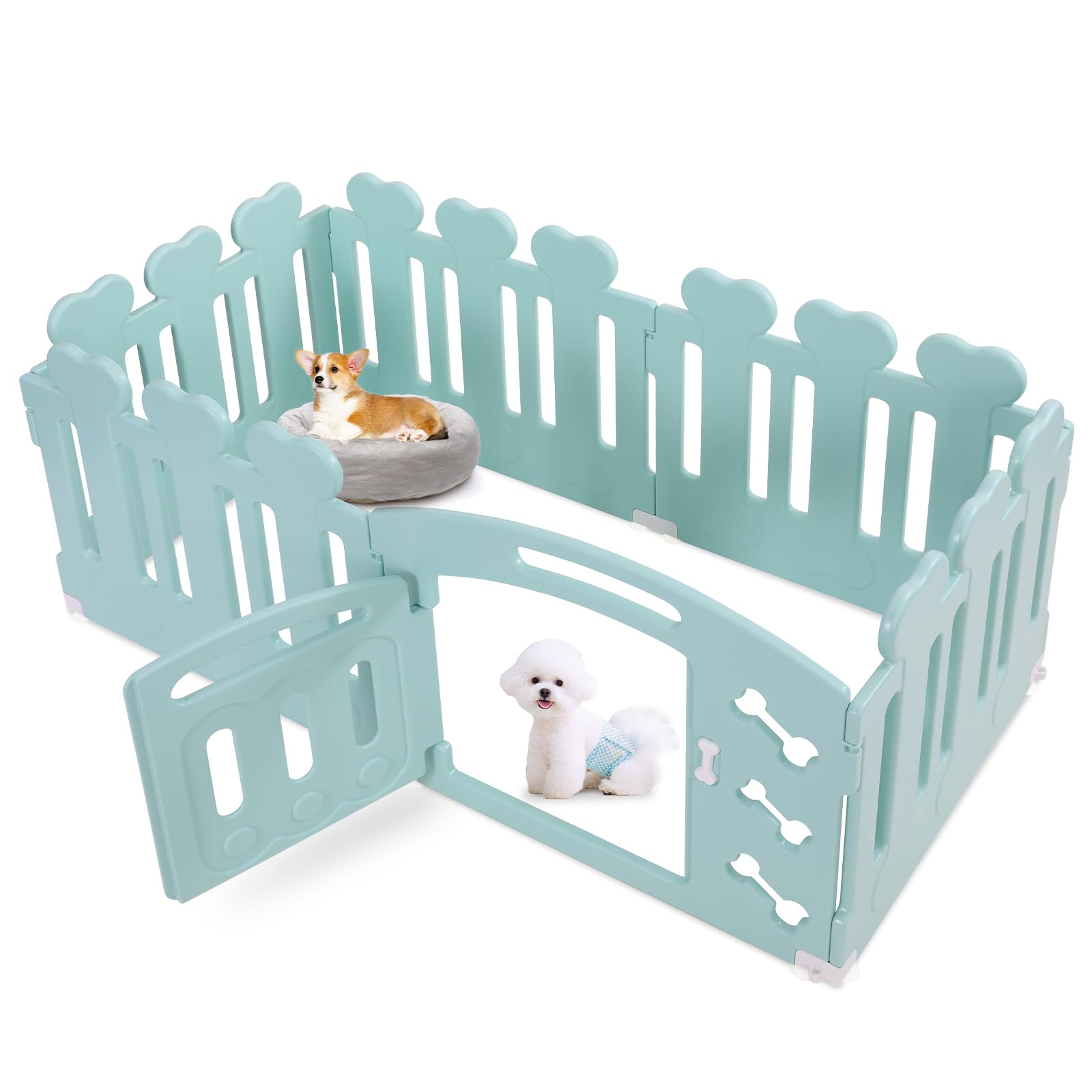Parque para Perros de 60 cm de Alto, Vallas para Perros de 5+1 Paneles, Corralito para Perros de Plástico Plegable, con Ventosas y Anclajes al Suelo, Parque Perros para Interiores y Exteriores, Verde