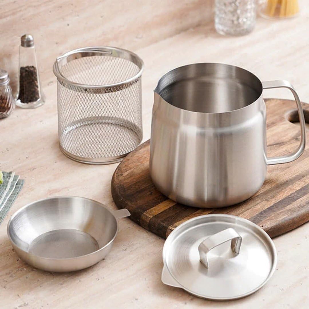 Stainless Steel Fryer with Basket, Lid, 50/68oz Large Capacity 2 in 1 Oil Strainer Pot, Large Capacity Versatile Oil Filter Pot Vessel (2L / 68oz)