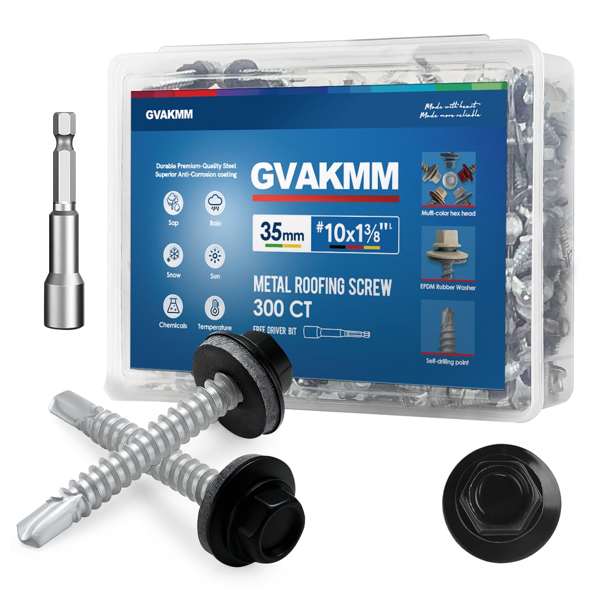 GVAKMM 300Pcs 4.8 x 35mm Black Metal Roofing Screws, 8mm Hex Colored Head Self-Drilling Metal to Wood Siding Fasteners, in Reusable Storage Case, 8mm Hex Driver Bit Included