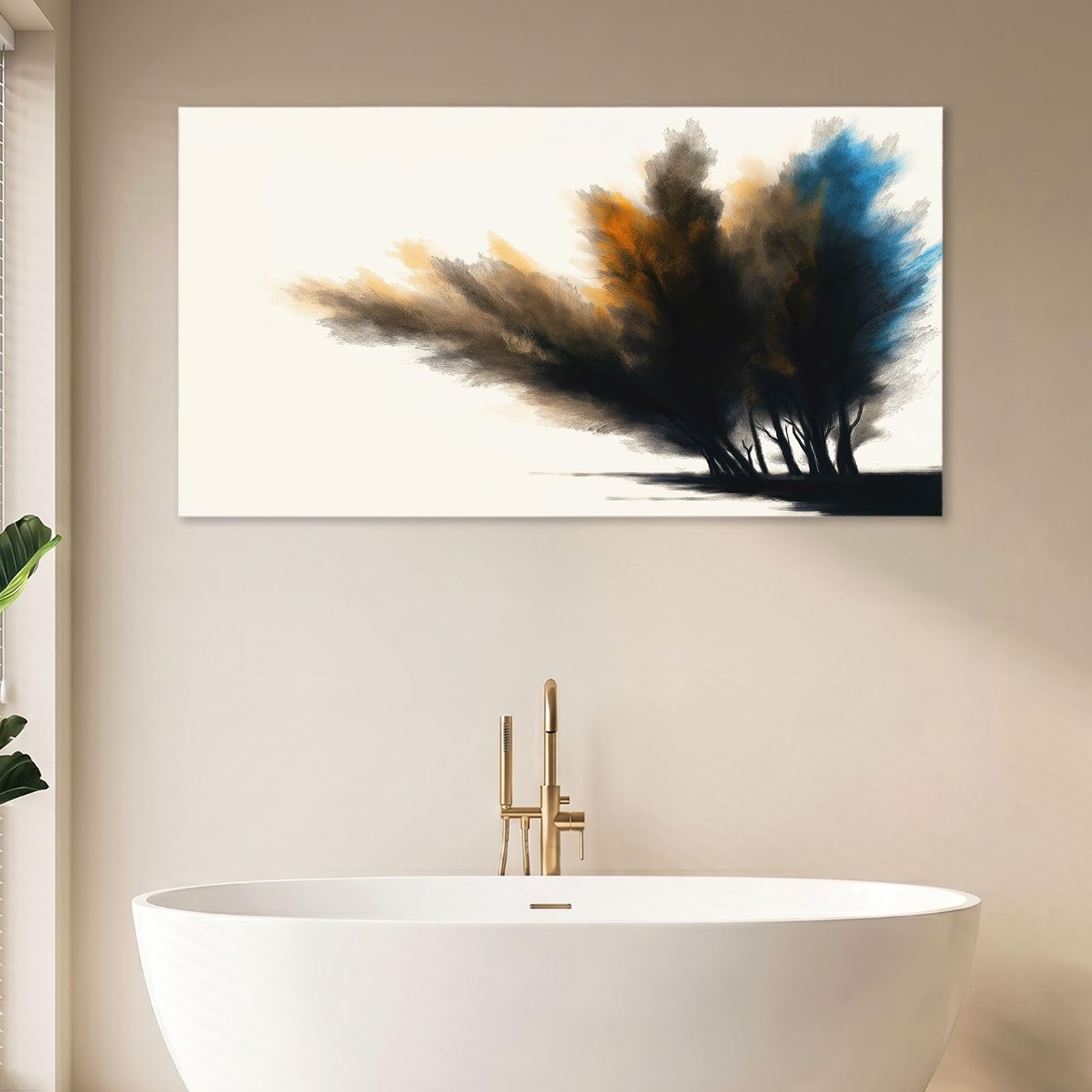 Leinwandbild 120 x 80 cm Leinwandbilder mit Abstrakt, Bild auf Leinwand - Kunstdruck auf Canvas, Bilder Wanddeko für Wohnzimmer, Schlafzimmer, Esszimmer, Tusche Bäume Beige