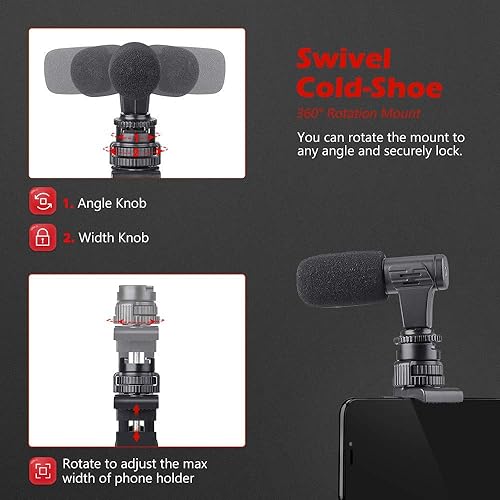 Miniatura 6 de Zeadio Soporte para trípode para teléfono inteligente, abrazadera adaptadora para teléfono celular con soporte de zapata fría, palo selfie y