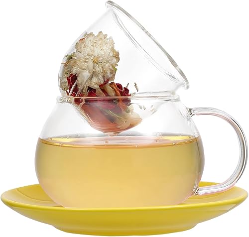 Miniatura 9 de Taza de té de vidrio con bandeja de tapa, filtro infusor para té de hojas sueltas, bonita taza de té en caja de regalo de impresión en color, 11 oz