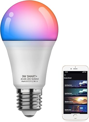 Bombilla inteligente, WiFi y Bluetooth 5.0, A19 E26 800LM bombilla que cambia de color, blanco cálido a frío, luces LED regulables, control de