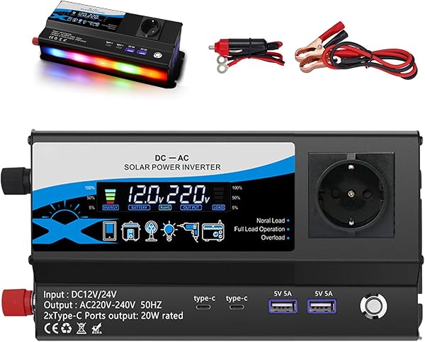 Inversor 1200W 12V/24V a 220V, Convertidor de Corriente para Coche con 2 Tomas AC, 2 USB & 2 Type-C, Mechero y Pantalla LED, para Autocaravana Camping - 1