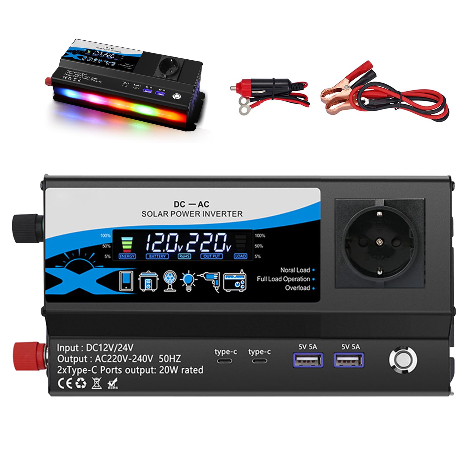 Inverter 12V/24V a 220V 1200W, Invertitore di Tensione per Auto con 2 Prese AC, 2 USB & 2 Type-C, Accendisigari e Display LED, per Camper e Campeggio