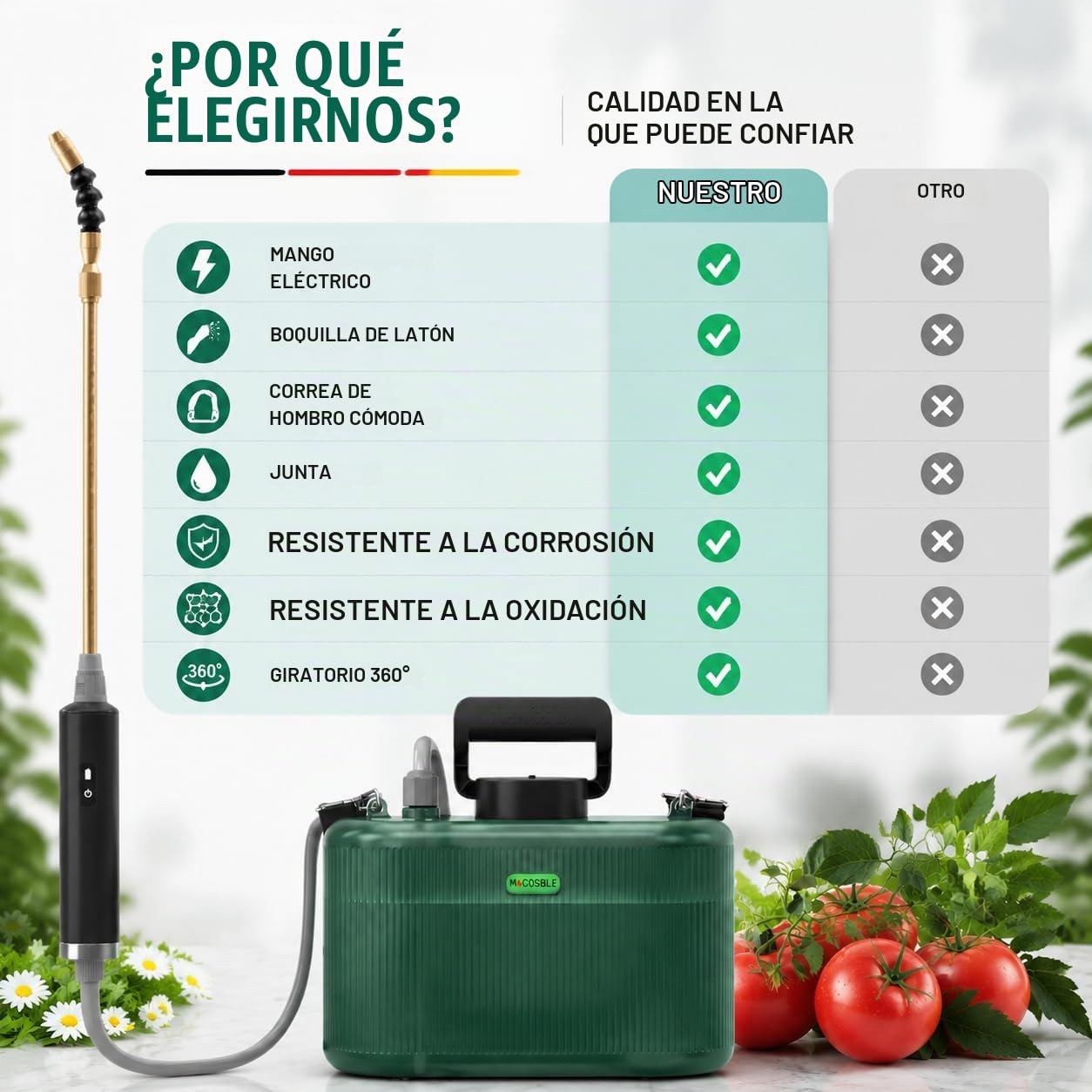 Pulverizador eléctrico 5L con batería 2200mAh, Lanza telescópica de Cobre 33–54cm 2 en 1, Lanza de Acero Inoxidable y Manguera 1m+3m, pulverizador batería para jardín y Plantas (5L)