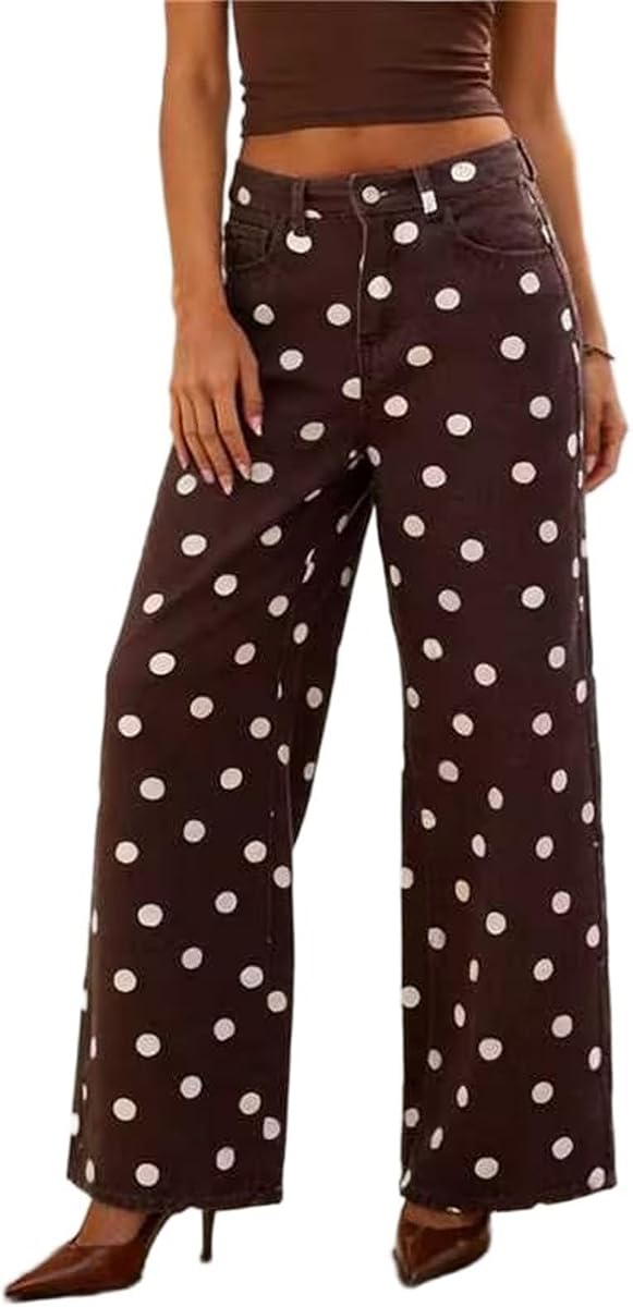 Womens Polka Dot Jeans High Waist Wide Leg Denim Casual Trousers
