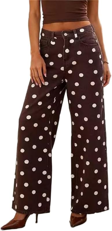 Womens Polka Dot Jeans High Waist Wide Leg Denim Casual Trousers
