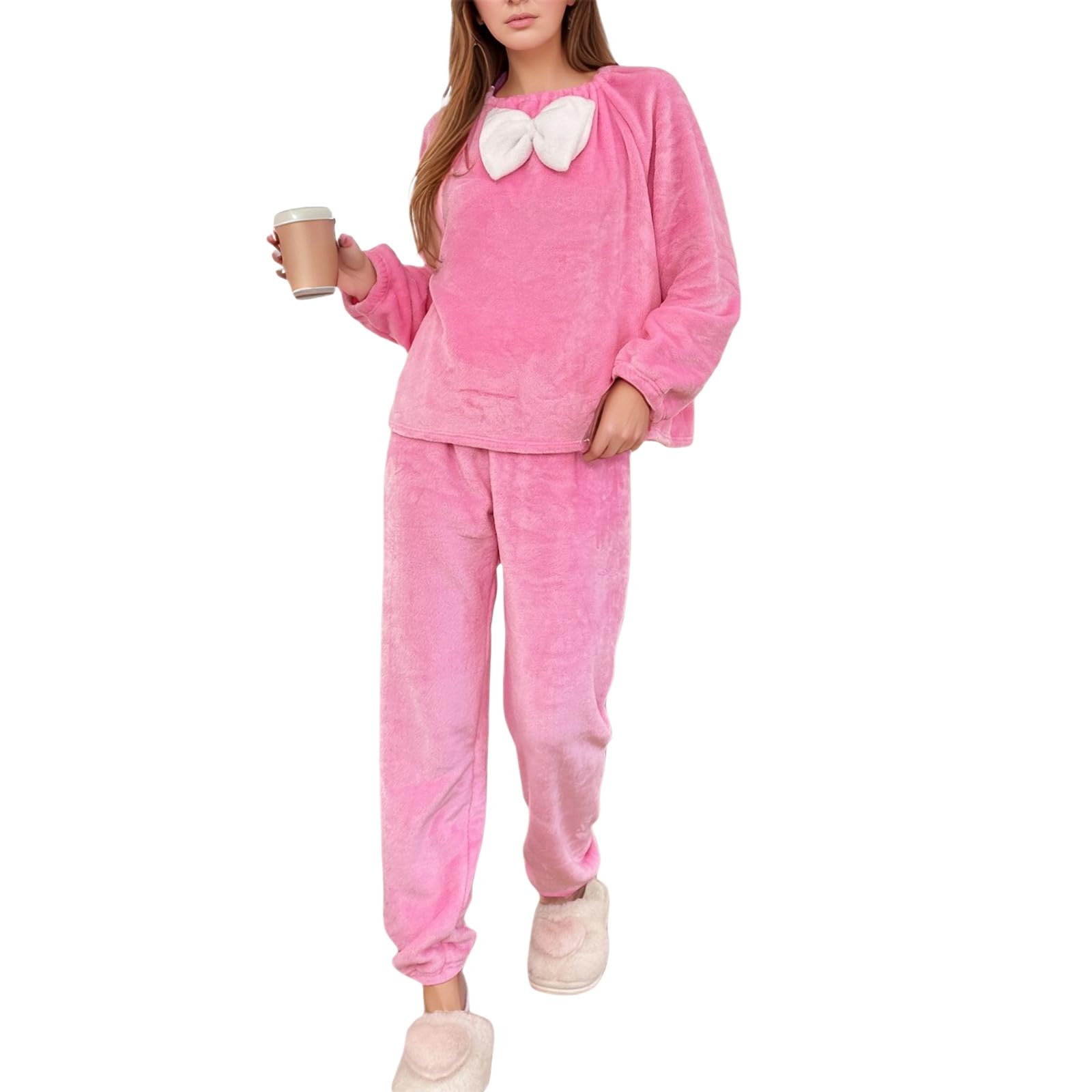 Generisch 2026 Pijama de franela de manga larga con detalle de lazo Pantalones suaves, acogedor traje de dormir de invierno de dos piezas