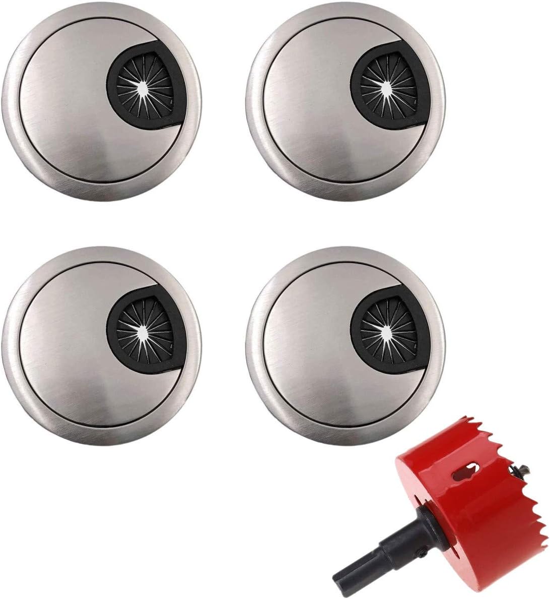 JZK 4 x Metal 60mm Desk Table Cable Grommet with 60mm hole saw, Computer Desk Cable Hole Cover, PC Desk Cable Tidy Grommet Management Hole