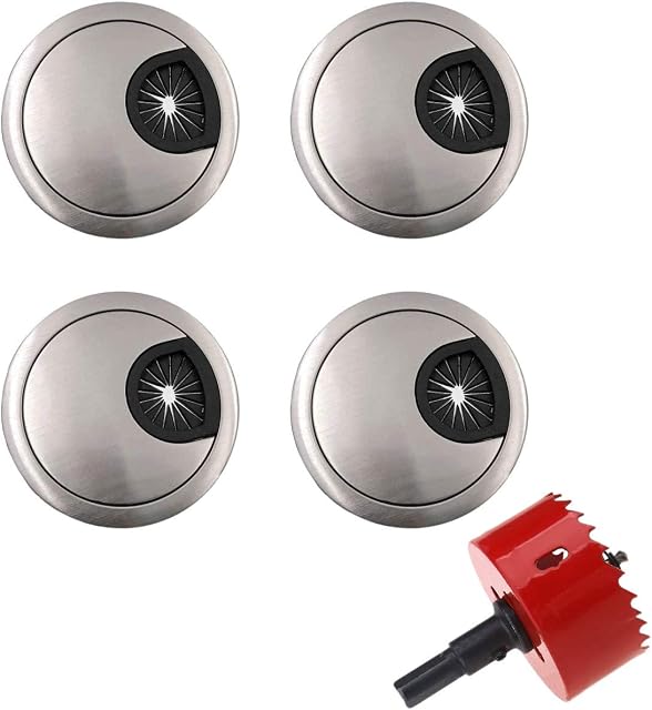 JZK 4 x Metal 60mm Desk Table Cable Grommet with 60mm hole saw, Computer Desk Cable Hole Cover, PC Desk Cable Tidy Grommet Management Hole
