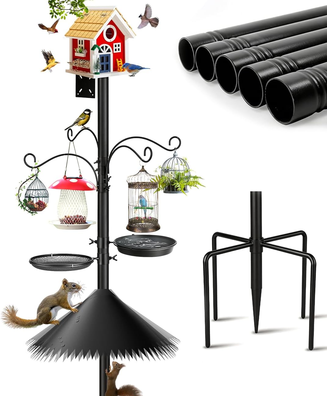 Bird Feeder Pole, 93 Inch Heavy Duty Birdhouse Pole with Spiked Baffle & 2 Tray, Adjustable Wild Bird Feeding Station Hanging Pole for Outdoors, Yard, Garden Decor (Without Birdhouse)