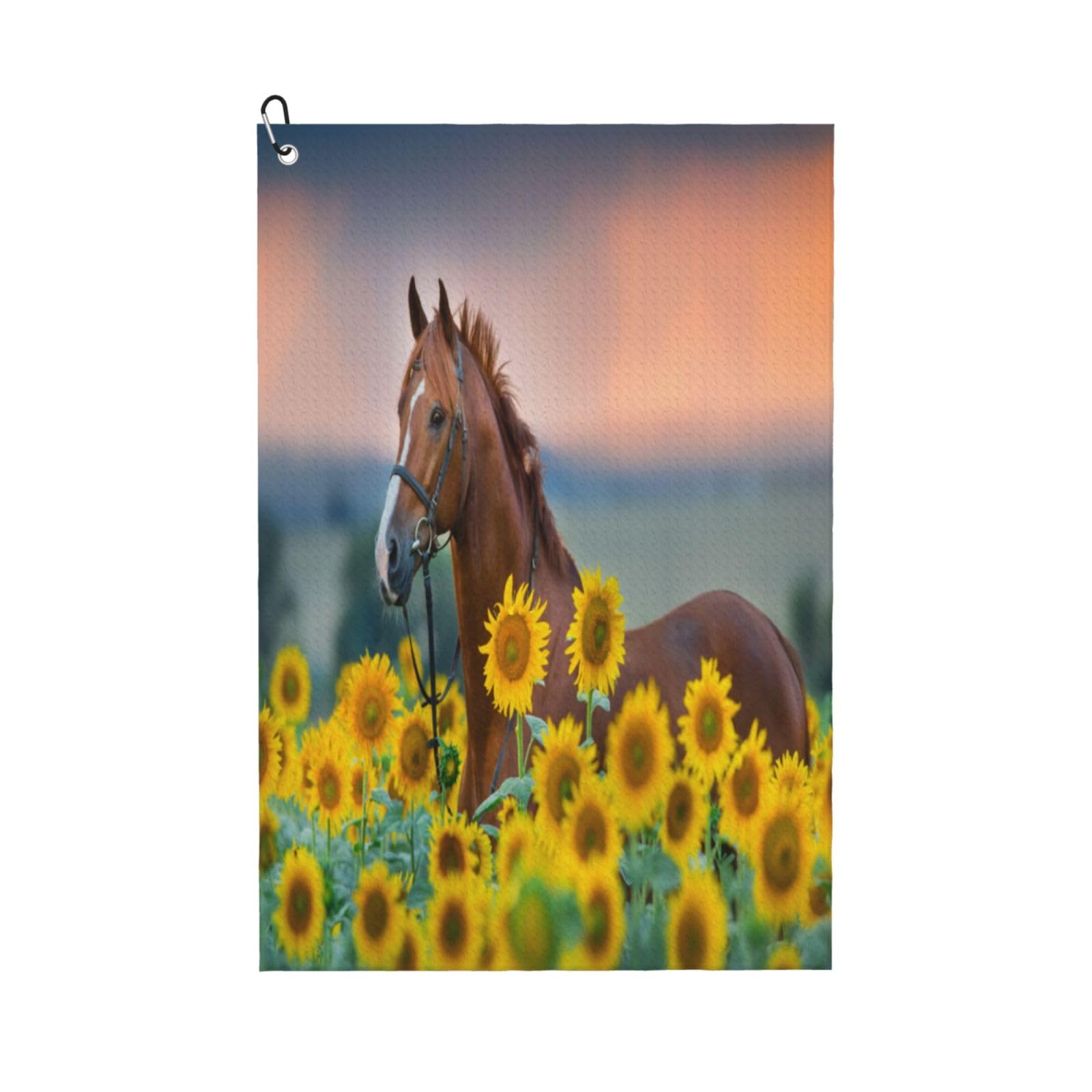 AOOEDM Horse Sunflowers Print Golf Towel with Carabiner Clip Absorbent Microfiber Golf Towel for Cleaning Golf Ball Club Putter Iron for Golf Bag Trolly Belt Loop 16" X 24"