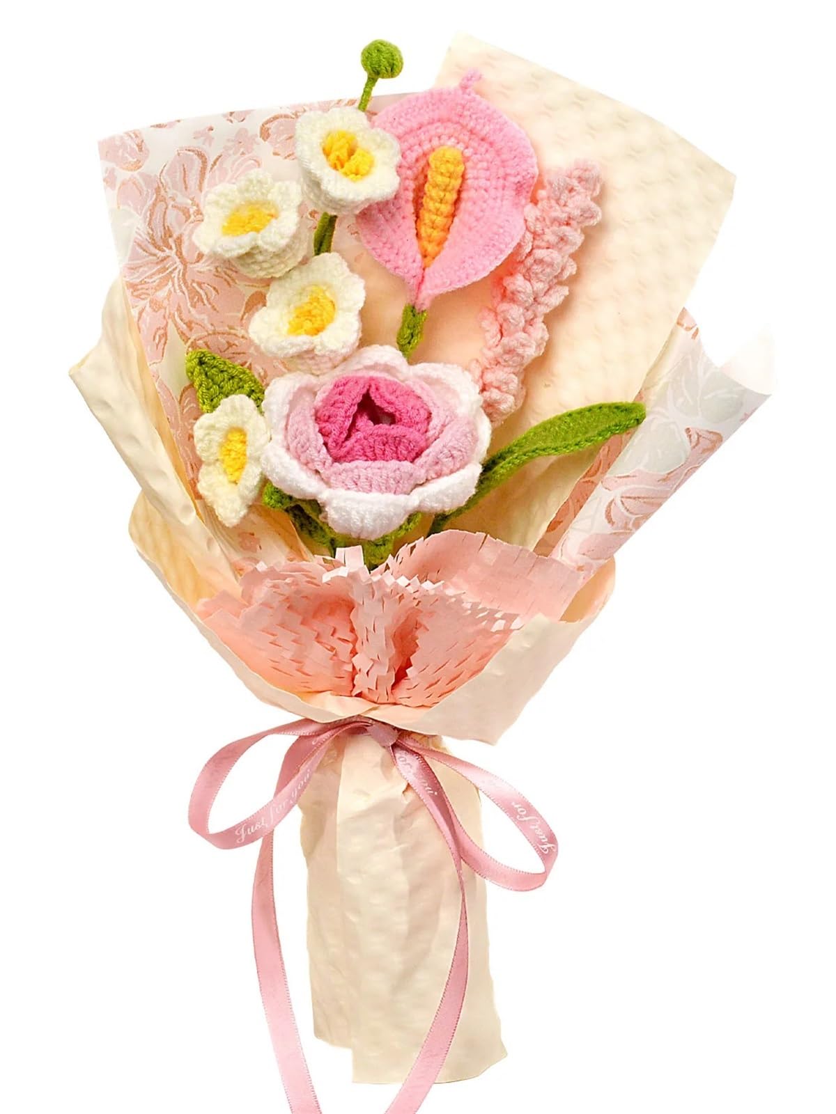 FCfpxwtz Artificial Crochet Flower, Handmade Crochet Rose Bouquet Pink Red For Mother's Day, Valentine's, Anniv, Birthday(Pink)