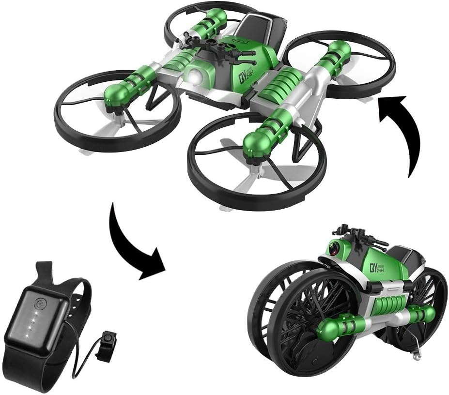 YEIBOBO ! 2-in-1 Transforming Motorcycle and Quadcopter Drone with Gravity Sensor Watch Control (Green)
