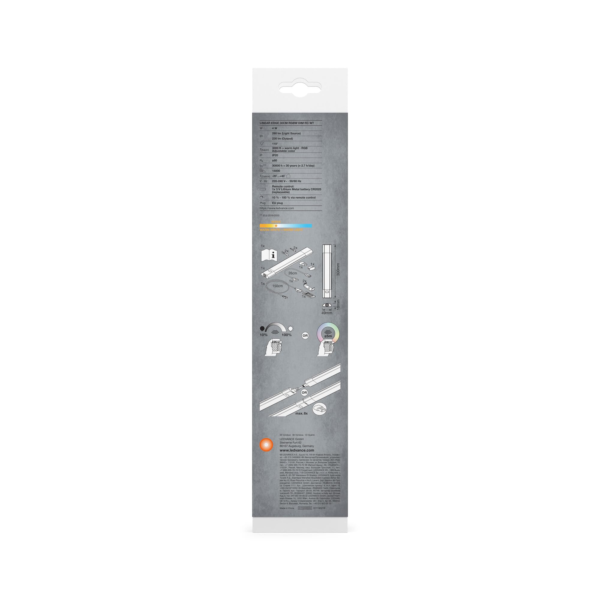 LEDVANCE Linear Edge Sensor Luminaria bajo mueble de alto voltaje con RGBW, 30cm, regulable, 4W, 230lm, 3000K, luz blanca cálida, aluminio blanco, IP20, mando a distancia blanco