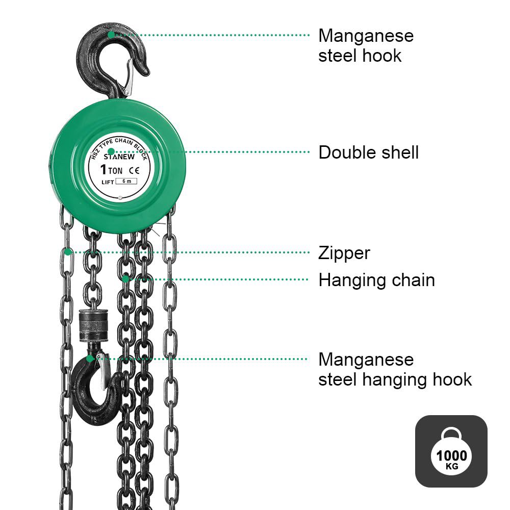 Paranco a Catena Manuale con Gancio Robusto STANEW, Altezza di Sollevamento 6,0 m, Verde,Doppia Catena di Carico,G80,Gancio di Sollevamento con Sicurezza (1 tonnellata 6,0 m)