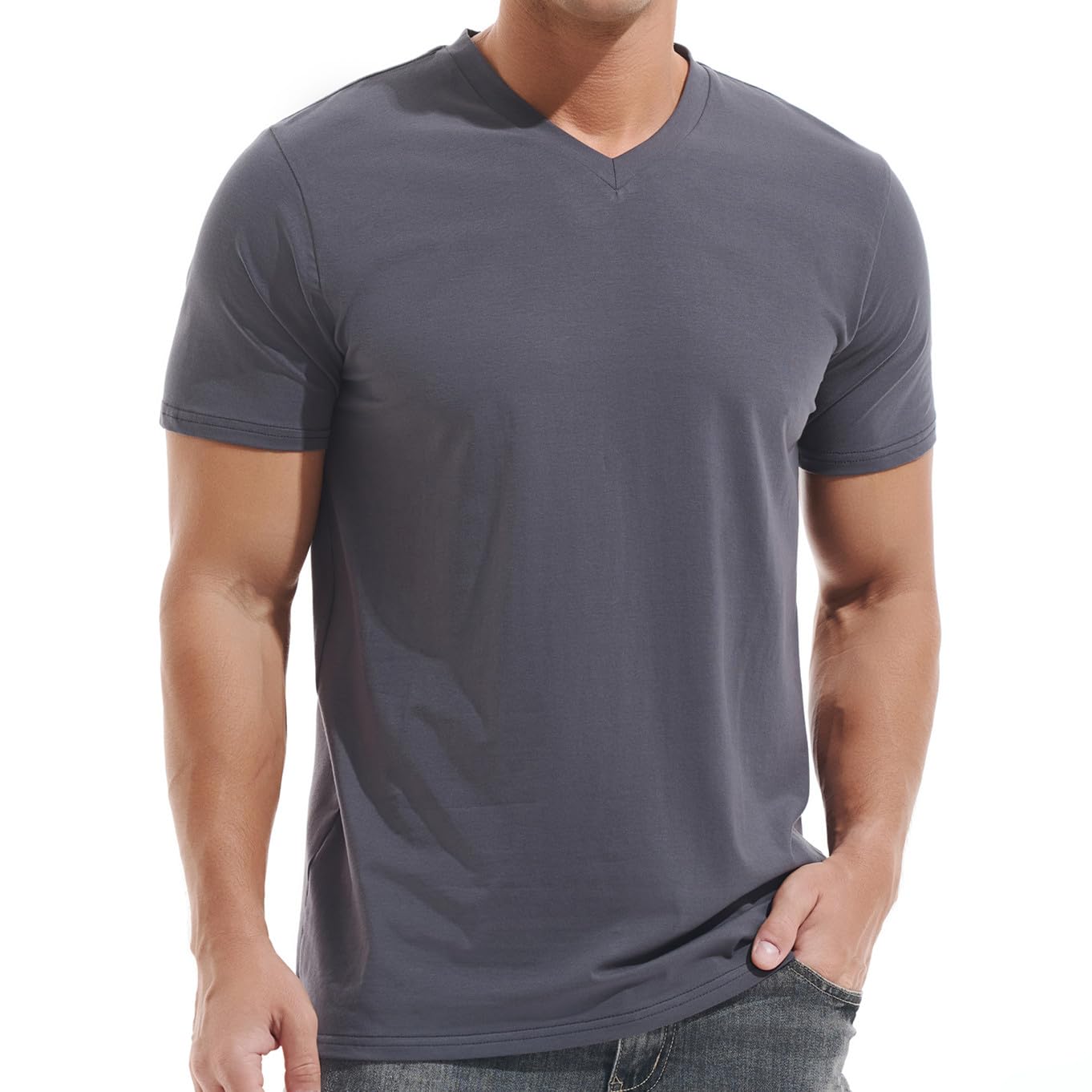 VEIISAR Herren V-Ausschnitt T-Shirt, 190g/m², Regular Fit, einfarbig, Stretch Material, weiches Basic Shirt
