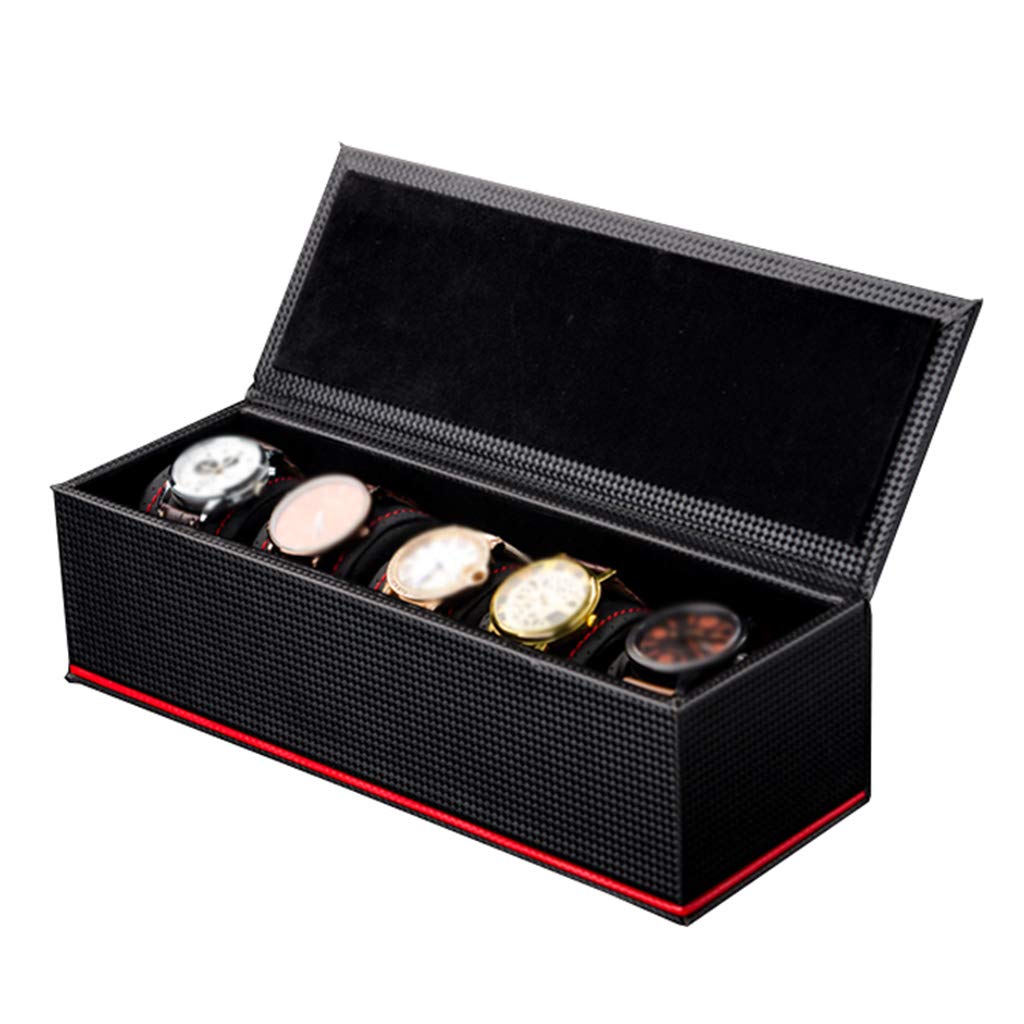 MUSUMI Caja de reloj de Fibra de carbono para Hombres y Mujeres, 5 ranuras, joyería, pulsera, caja de almacenamiento de exhibición con 5 almohadas de almacenamiento de extracción