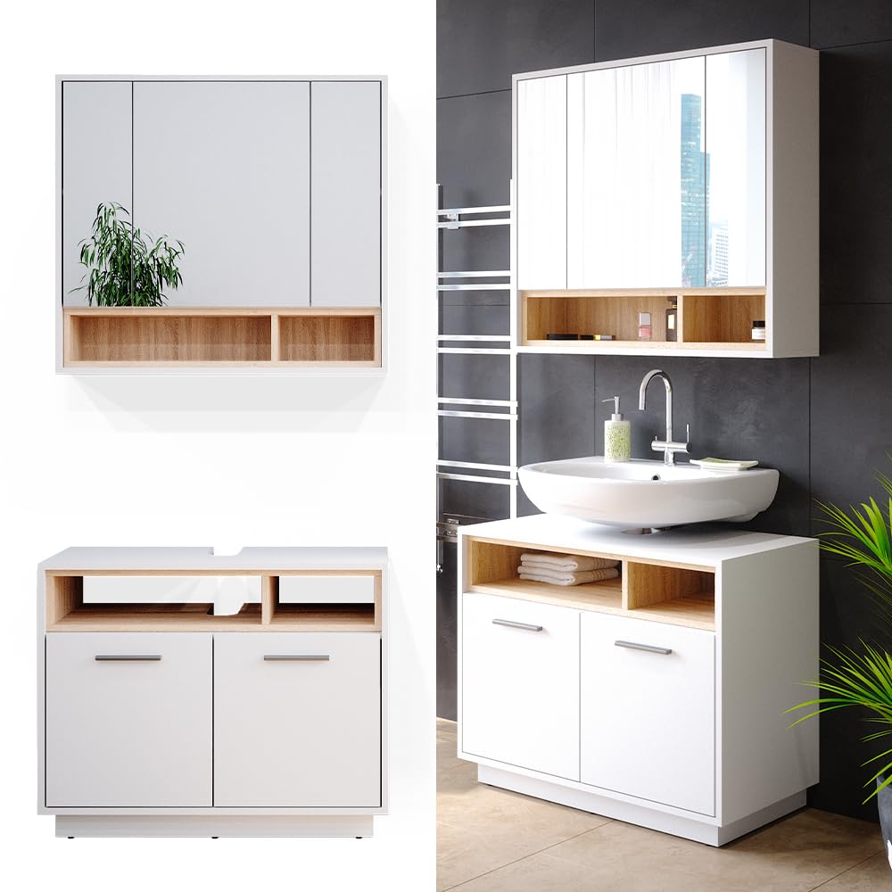 Vicco Set mobili bagno Beatrice, Bianco, 80 cm, composto da specchio da bagno e mobile sottolavabo