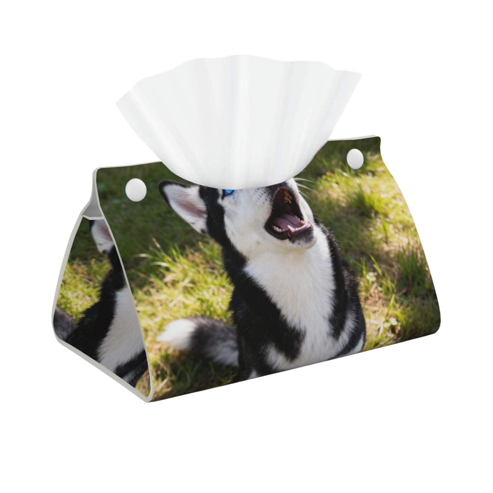 Husky Howling Face Long Leather Tissue Box Cover-Waterproof PU Leather Tissue Holder for Bathroom, Decorative Rectangular Tissue Case