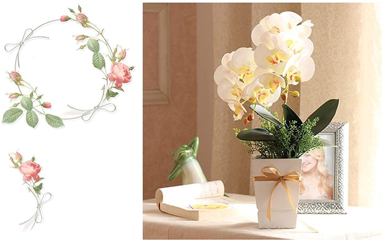 Lebensechte Orchideen aus PU-Leder mit Holzvase, künstliche Blumenarrangements für Zuhause, Büro oder Wohnzimmer, Farbe 3
