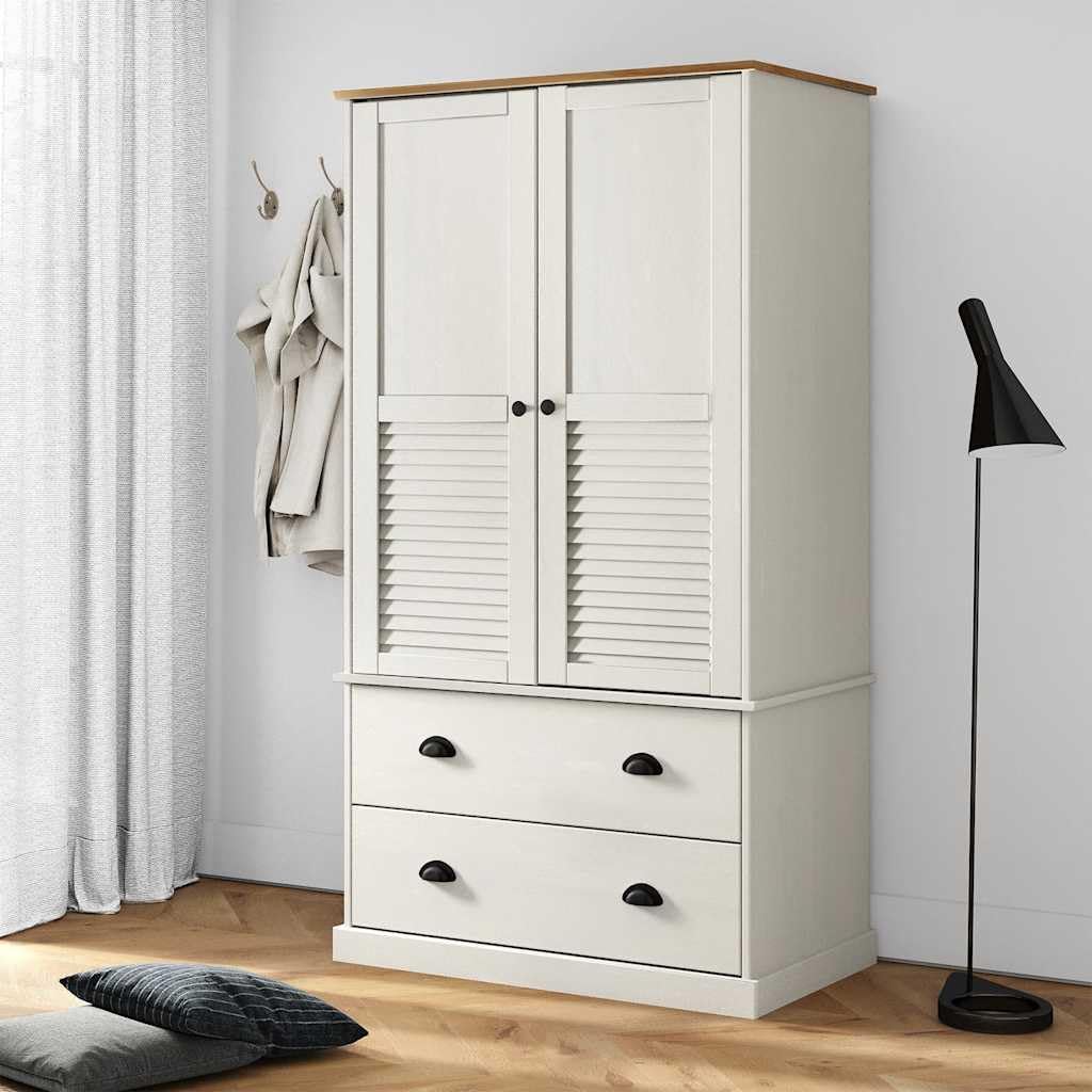 Hothingwell Guardaroba Vigo bianco 90x55x170 cm in legno massello di pino, armadio guardaroba con binario interno e 2 cassetti, mobile camera da letto con maniglie in metallo, grande spazio
