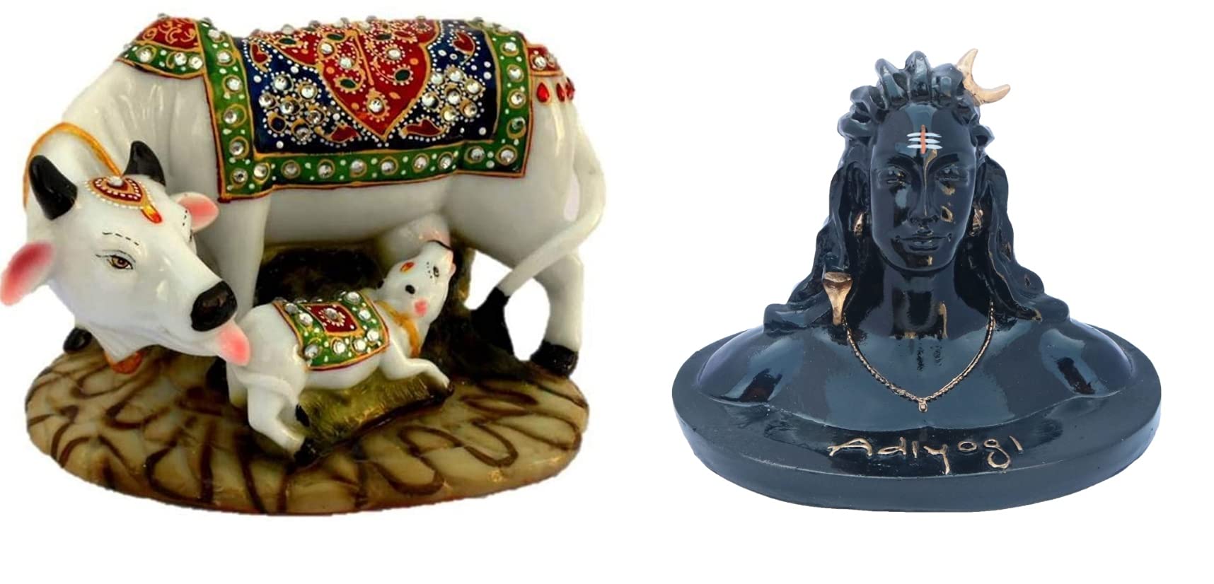 SAUDEEP INDIA Combo of Adiyogi Shiva Figurine and Cow & Calf Showpiece Idol(Black Adiyogi)
