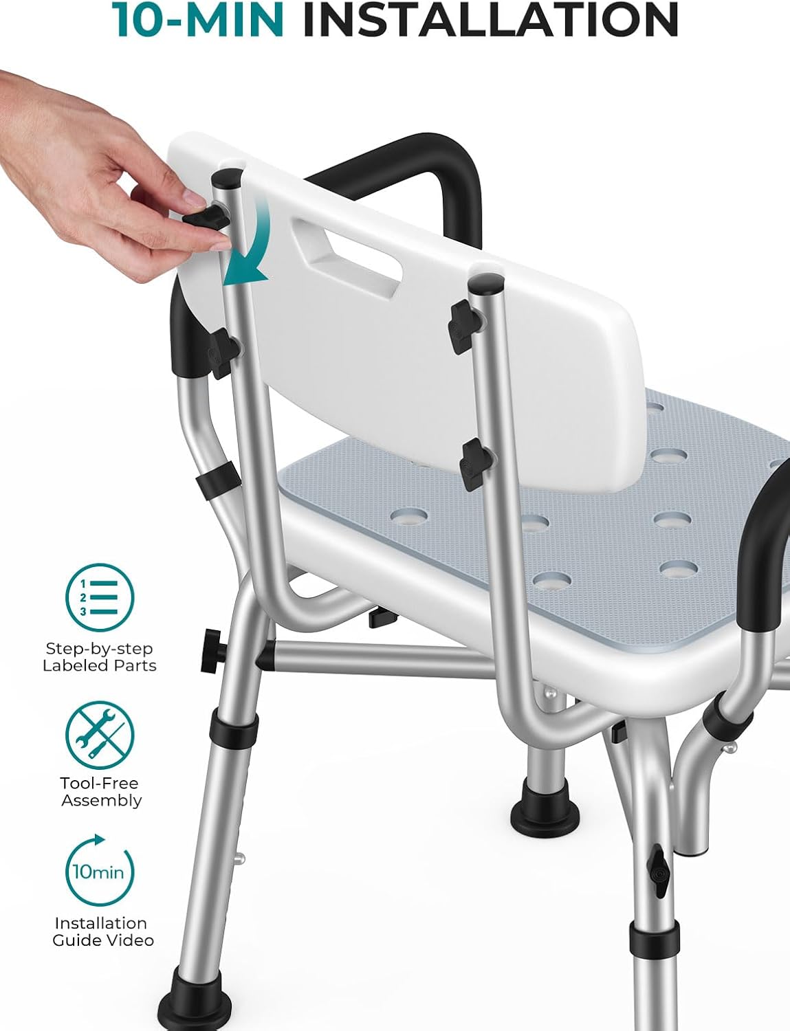 VFAUOSIT Shower Chair for Elderly and Disabled, 550 lbs Shower Chair for Inside Shower with Arms and Back, FSA/HSA 6-Height Shower Seats for Adults with Shower Bag, Bath Chairs for Seniors Inside Tub