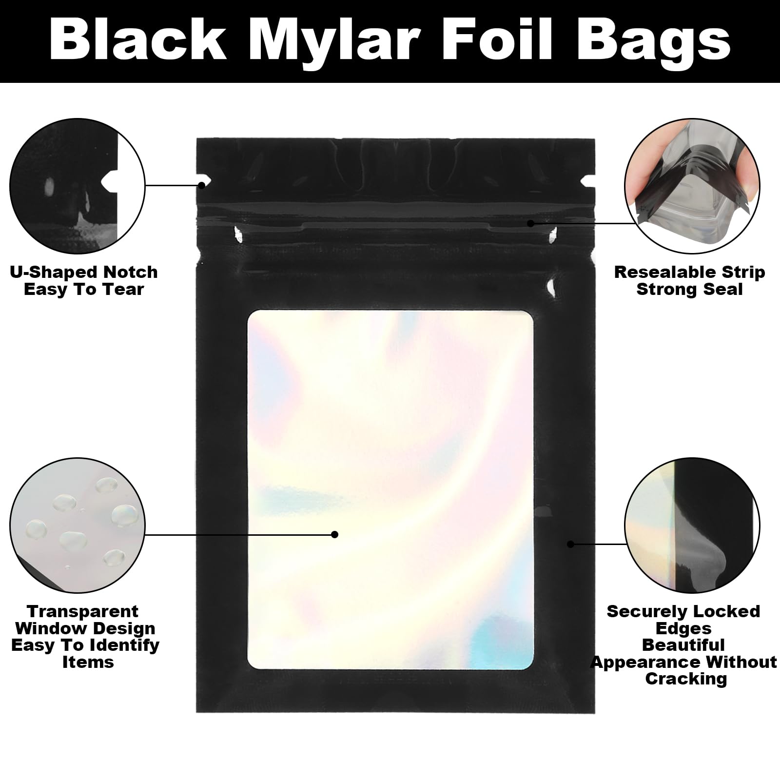 KOMABLEN Mylar Bags, 100 sztuk czarnych woreczków Mylar, 7 x 10 cm, plastikowe torebki wielokrotnego zamykania, torebki strunowe z przezroczystym okienkiem, torby na biżuterię, słodycze
