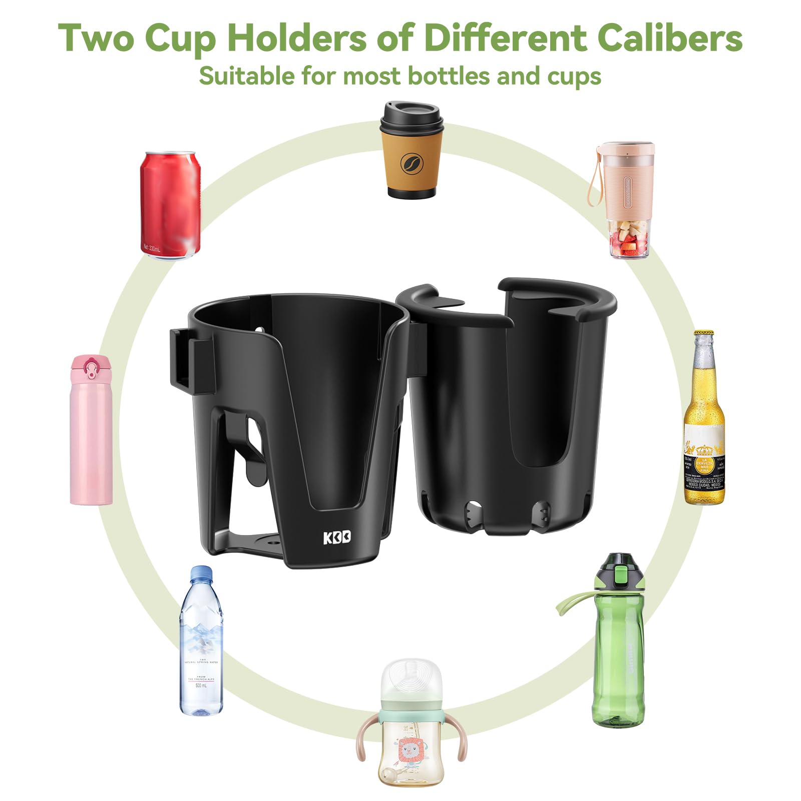 KDD Portavasos para Cochecito con Soporte Teléfono, 3 en 1 Portavasos Carito Bebe Extraíble, Portabotellas para Silla Rotación de 360 Grados Soporte para Vasos para Cochecito Bicicleta Andador Scooter