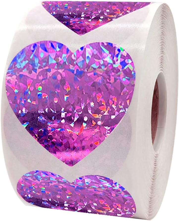 LUOZZY 1 Roll Purple Glitter Heart Stickers, Purple Heart Shaped Stickers Roll with Glitter Pattern for Envelope Baking Sealing Gift Package Mother's Day