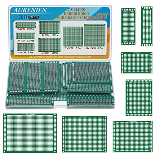 AUKENIEN 7 Valeurs 40pcs PCB Plaque de Prototypage Circuit Imprimé Prototype Board 2x8 3x7 4x6 5x7 6x8 7x9 8x12 Carte de à Double Face Kit 7 Tailles Compatible avec Arduino Kits pour DIY Soudure