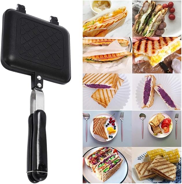 Grilled Sandwich Maker, Not-Stick Coating and Heat-Resistant Handles Not Stick Aluminum Flip Pan Breakfast Stove Toaster for Indoor Outdoor Camping Sandwich