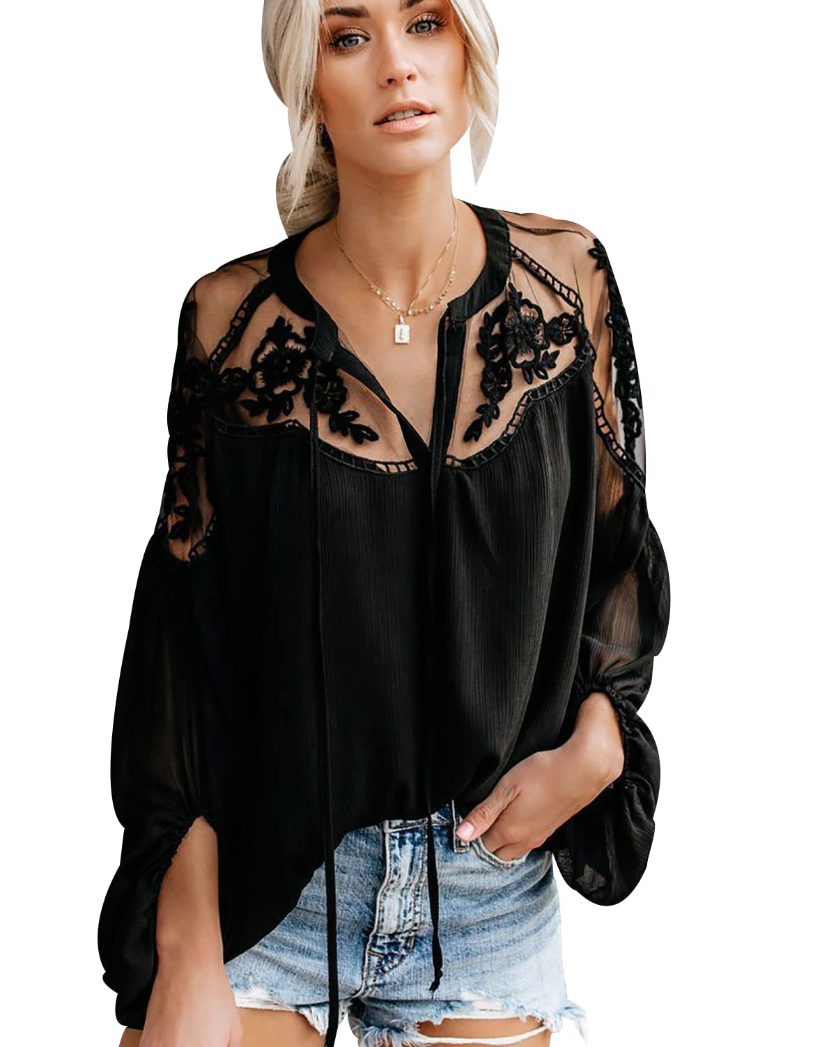 Peuignao Blusa Gasa Mujer Manga Larga Cuello Pico Blusas Encaje Mujer Tallas Grandes Camisas Top Manga Larga Mujer Blusas de Mujer Elegantes Camisa Casual de Mujer Fiesta Talla Grande Shirts Mujer Ancha