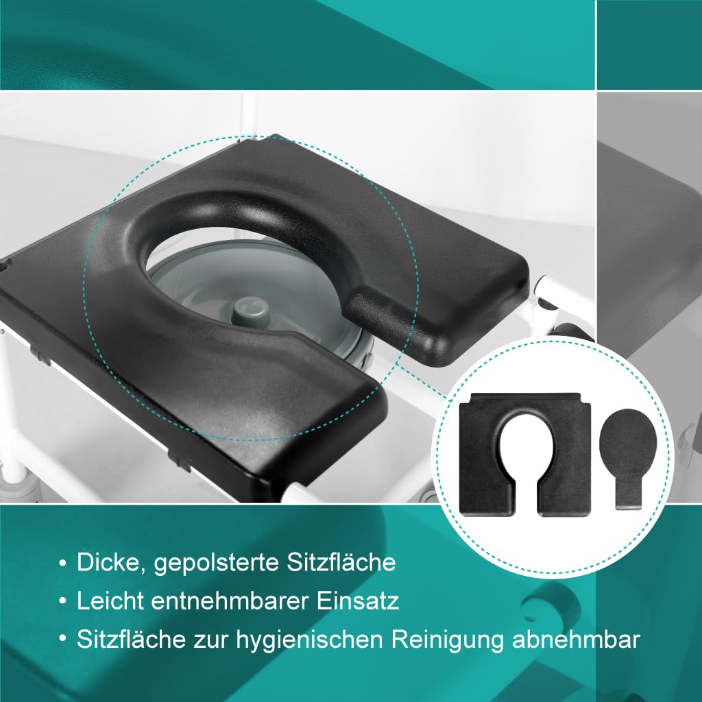 Akriva fahrbarer Toilettenstuhl aus Aluminium - Mobiler Nachtstuhl mit gepolsterter Sitzfläche und Eimer - Toilettenrollstuhl - Zimmerrollstuhl (Feste Sitzhöhe)