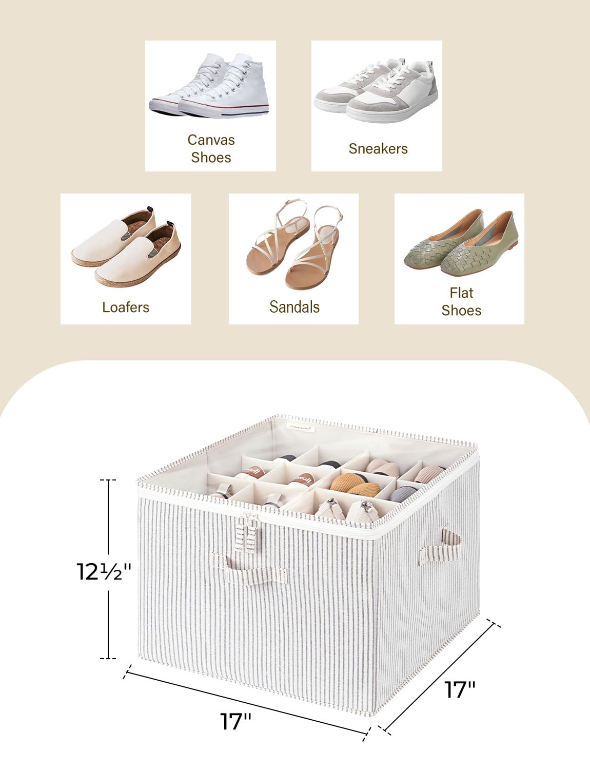 StorageWorks Organizzatore di scarpe per armadio, scatola porta scarpe con spazio a 16 paia, contenitore in tessuto per armadio con divisori regolabili e copertura trasparente, 43 x 43 x 32 cm