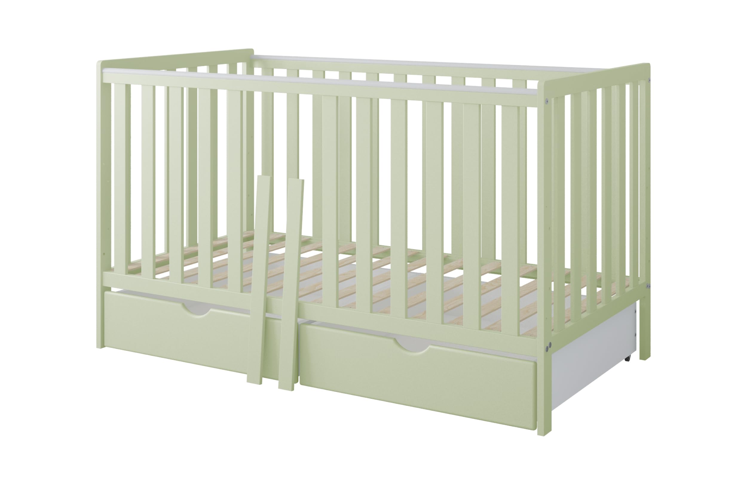 zee Cuna Bebé 140x70 cm Bambi 2 en 1 Convertible en Cama Infantil Verde Menta con 2 Cajones Protección Mordida Ajustable 3 Alturas Cuna Madera