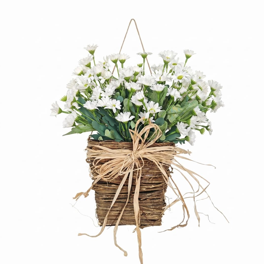 AwnsIMfreien Hanging Basket For Front Door, Front Door Hanging Basket, Rustic Rattan Wreath With Artificial Flower, White, 13.78x7.87 Inch, for