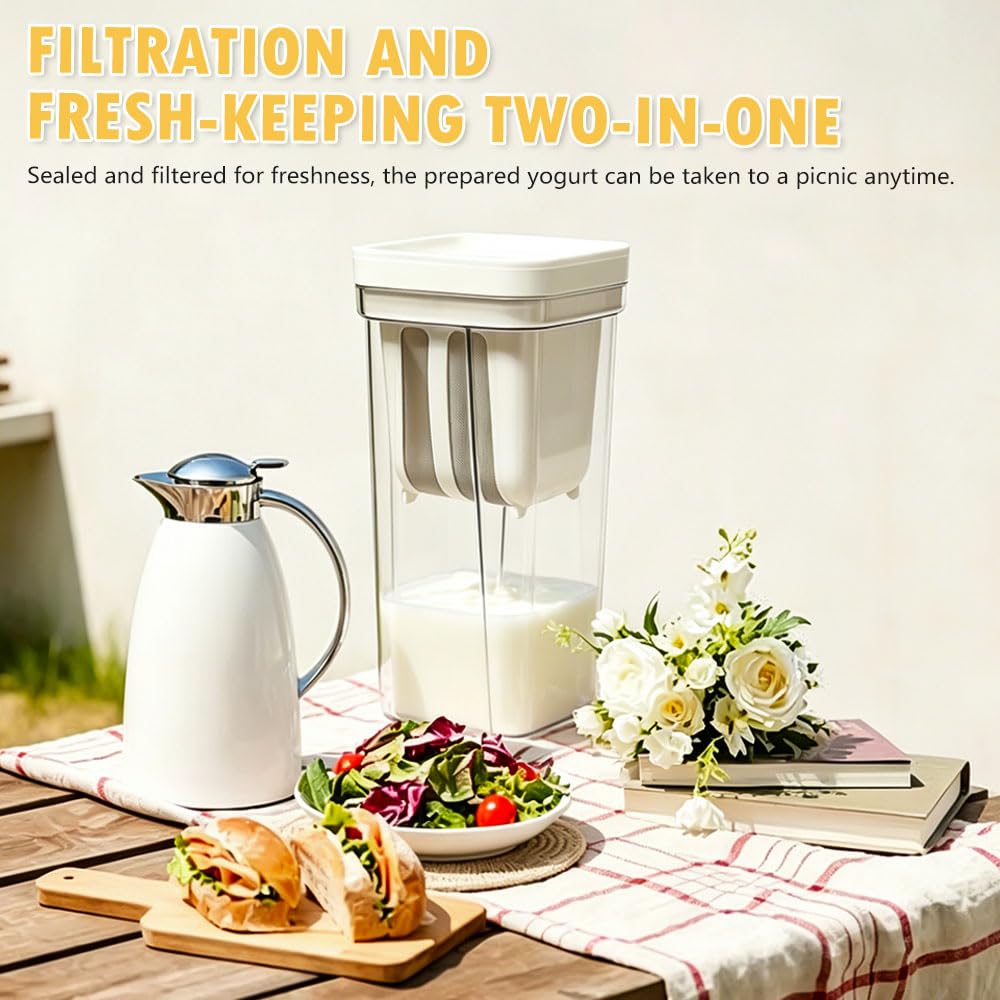 Colino per Yogurt Greco Colino per Yogurt da 2000 Ml con Coperchio Erogatore Yogurt Filtro con Acciaio Inossidabile Maglie e Coperchio per Filtrare Succhi di Frutta, Latte