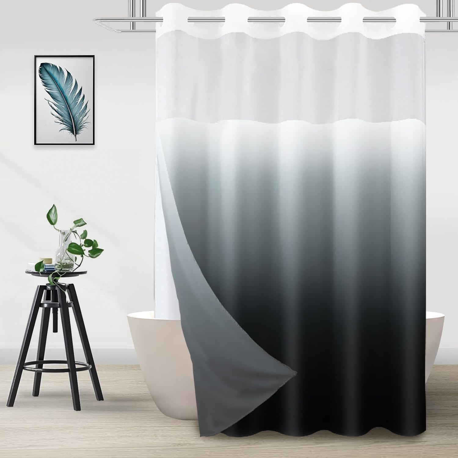 Similar No Hook Shower Curtain with Snap in Liner, Black and White Shower Curtains and Liner Set, Ombre Black Hotel Fabric Bath Curtain for Bathroom, Mesh Top Window Waterproof Washable, 71\" x 74\" Ombre Black 71\"W x 74\"L (Pack of 1)