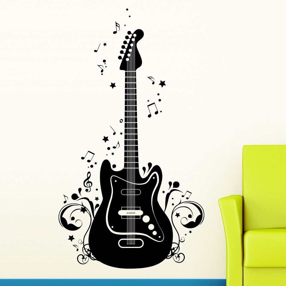 Wandtattoo „E-Gitarre, Noten Und Ranke“ – Schwarz, 35 X 62 Cm, Konturgeschnitten Für Individuelle Wandgestaltung