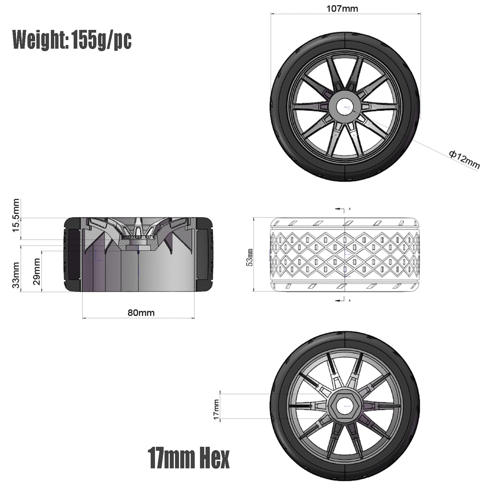 1/7 1/8 On Road Tire Set On Road Tire Tyre 17mm Wheel Rims For Arrma 1/7 Infraction Limitless Felony FS Racing Model GT RC Car Upgrade On Road Tyre 4Pcs One