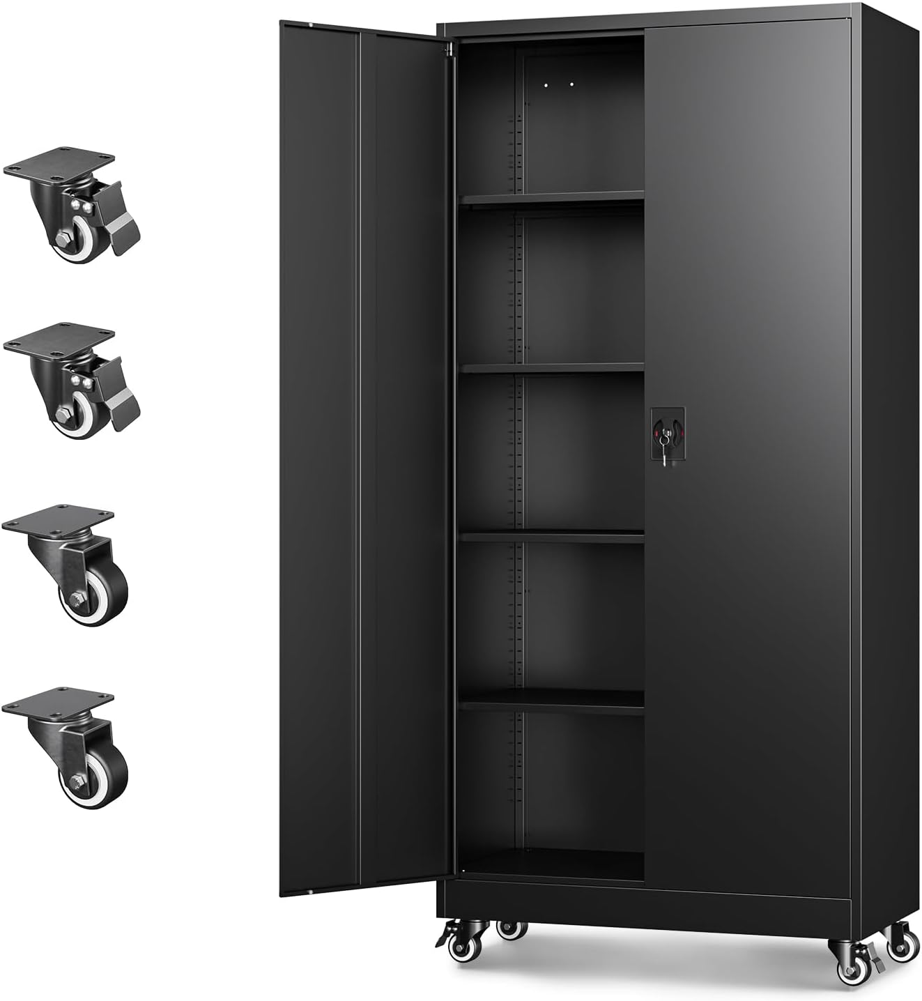 Assembled Letaya Metal Storage Cabinet with doors open, showing adjustable shelves and detachable wheels.