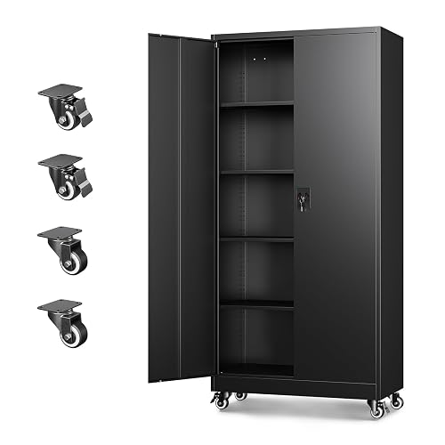 Letaya Metal Garage Storage Cabinets with Wheels,Steel Tool Cabinets Lock Door and Adjustable Shelves for Home,Office,Warehouse Organisieren (Black, 74.41" H)