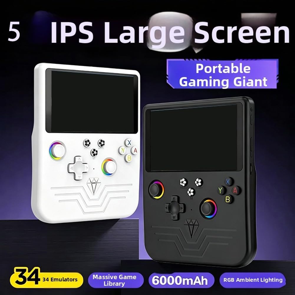 R60max - Console portatile per videogiochi retrò, con display HD da 5 pollici, 20000 giochi precaricati in esecuzione per Linux Os, unità nera leggera per giocare (bianco)