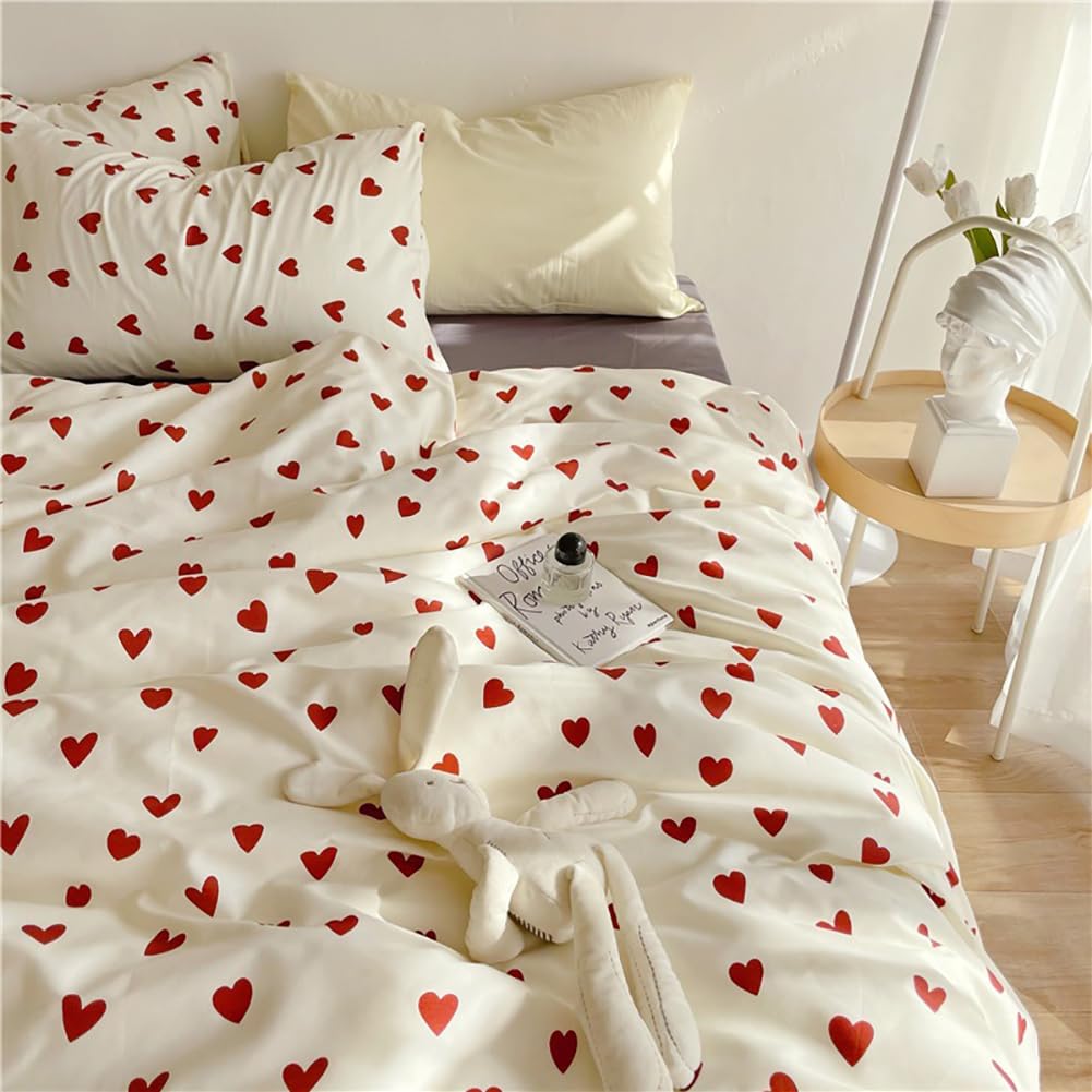 AShanlan Bettwäsche 135x200 4tlg Rot Herzen Bettbezug Kissenbezug 80x80x2 | ÖkoTex Bettwäsche-Sets, 110gsm Microfaser, Rot Weiß Herzchen Bettwäsche mit Reißverschluss, 4teilig
