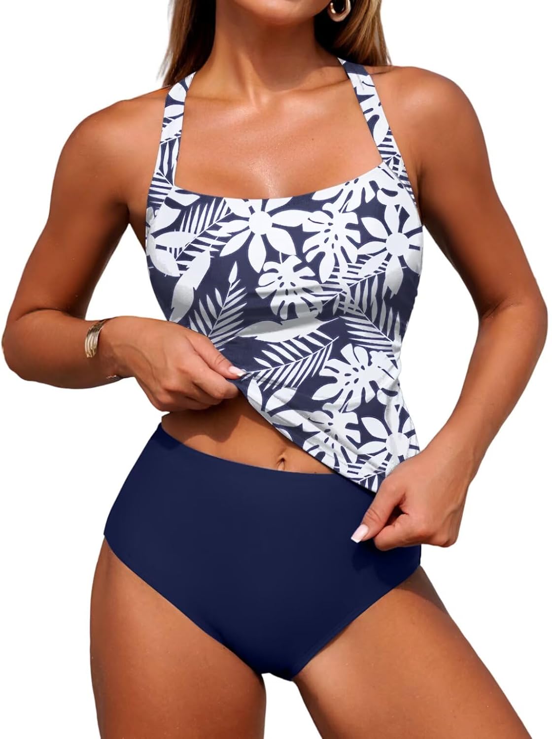 ZAFUL Women's Swimsuit Tankini Tummy Control Bathing Suits Two Piece Full Coverage Swim Suits with High Waisted Bottom White Blue Flower L