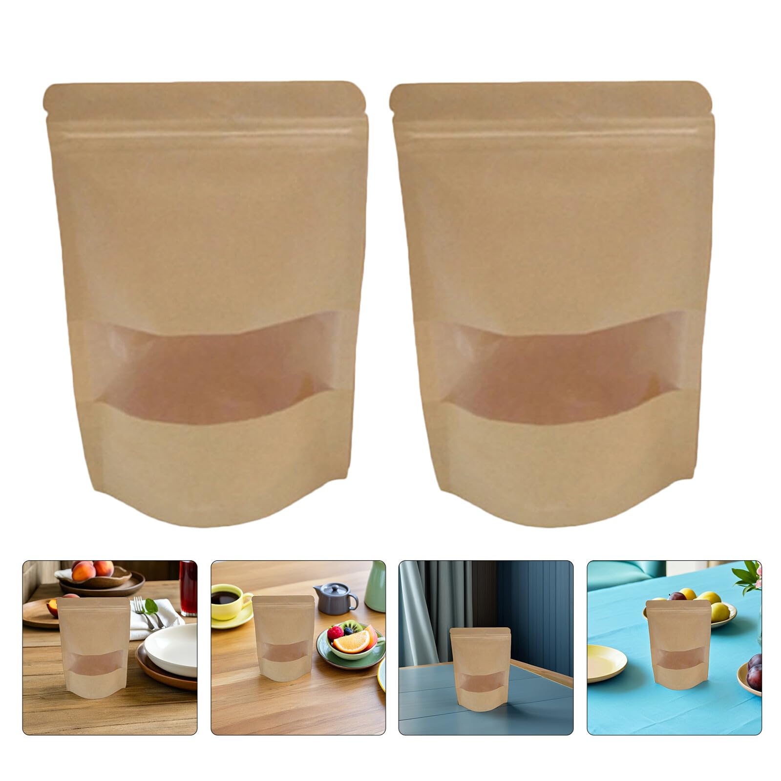 Mikikit 50pièces Sachets Kraft Blancs à Fenêtre Refermables avec Fermeture Éclair pour Emballage Alimentaire Stockage de Friandises Biscuits et Petits Objets