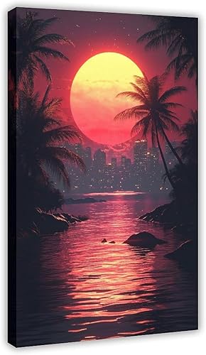 Miniatura 1 de ZMLIS Futuristic Vaporwave Retro Wall Art  Neon Grid Palm Trees City  Synthwave Style 80s Digital Print Canvas Wall Art Print Poster For Home School